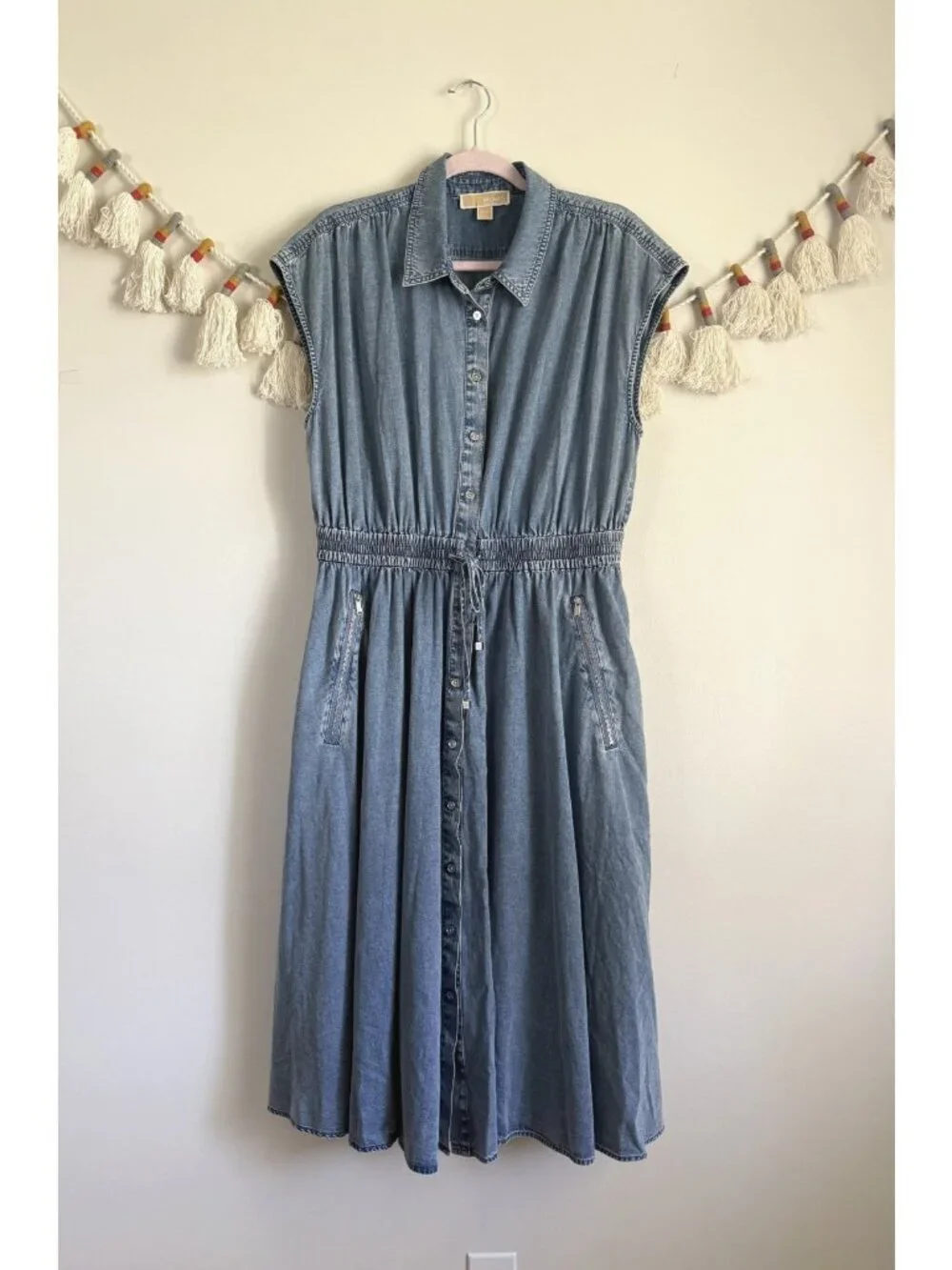 Michael Kors Denim Button Front Cap Sleeve Midi Shirt Dress Minimalist Modest XL
